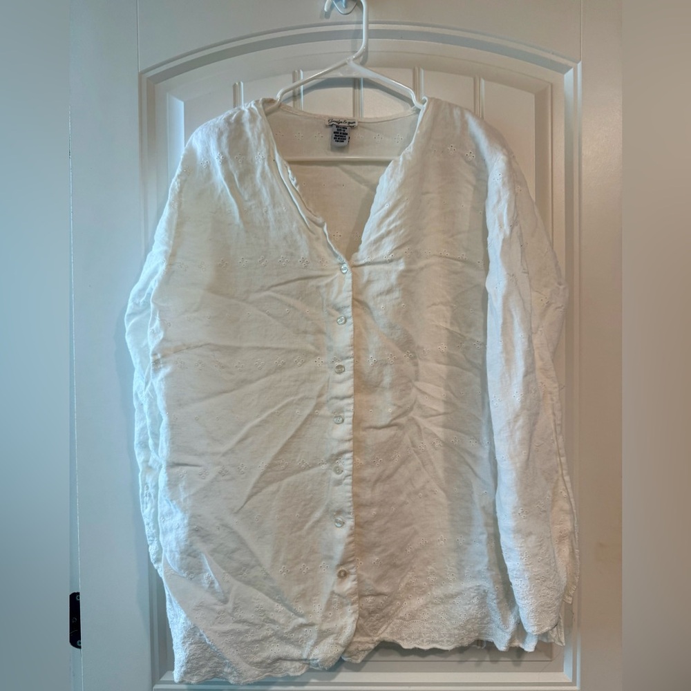 Linen Eyelet Lace White Button-Down Shirt for Women Cottagecore Coastal